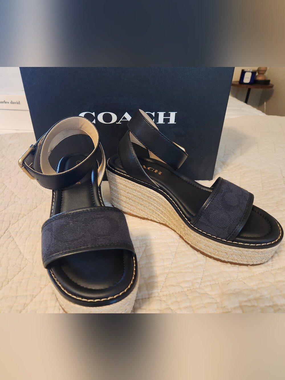 Coach Black Wedge Espadrille Sandals